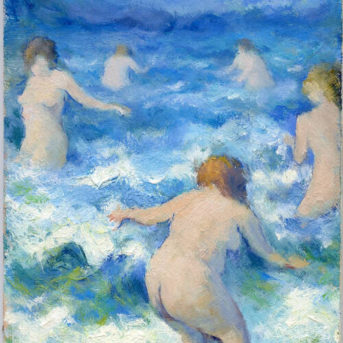 Painting of female bathers in a large, blue, body of water with waves.